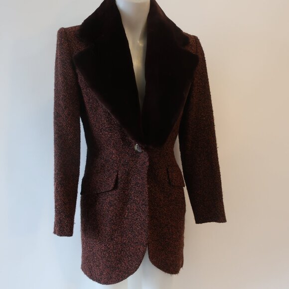 Yves Saint Laurent Black Brown Tweed Boucle Wool Blend Faux Fur Jacket Coat 6 - Picture 9 of 16